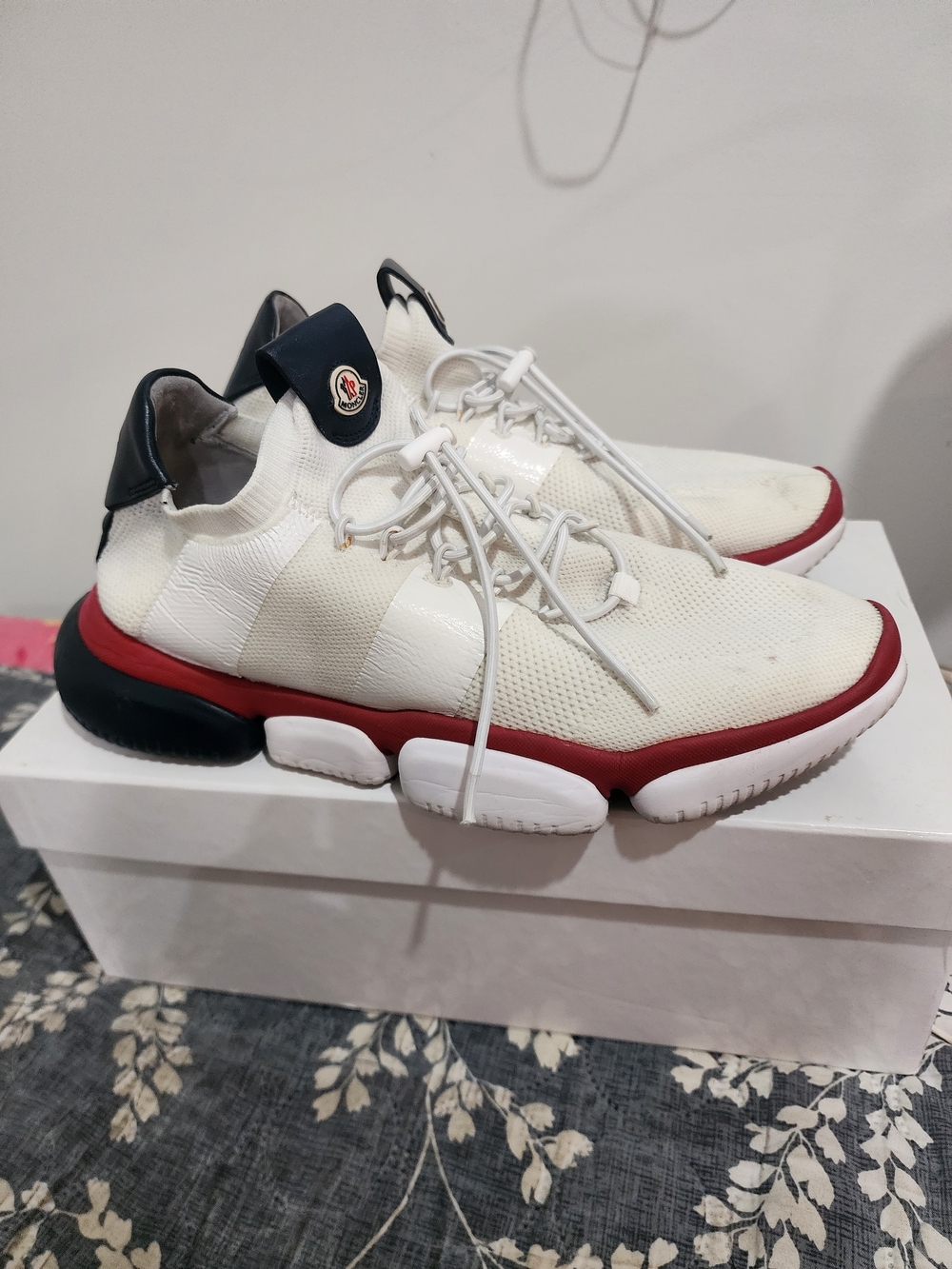 Moncler White Knit Sneakers with Red Midsole and Black Heel With Box.